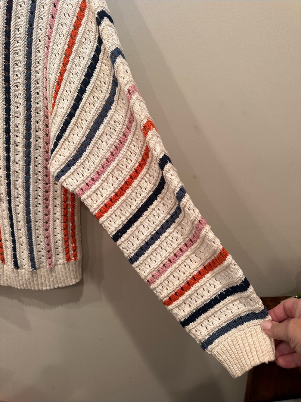Knox Rose Cream Striped Open-Knit Crewneck Sweater Cotton Layer Sz L - Picture 5 of 8